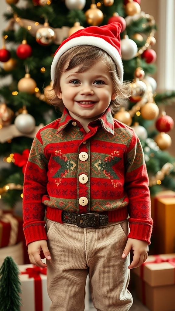 A child in a 1970s Christmas outfit with a patterned shirt and corduroy pants, smiling in front of a decorated Christmas tree.